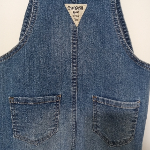 Osh Kosh B'Gosh Girl's 4T V Back Denim Bib overalls w pockets floral trim accent - Picture 9 of 10